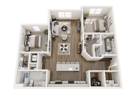 A top-down view of a small apartment with a kitchen, living room, and bedroom.